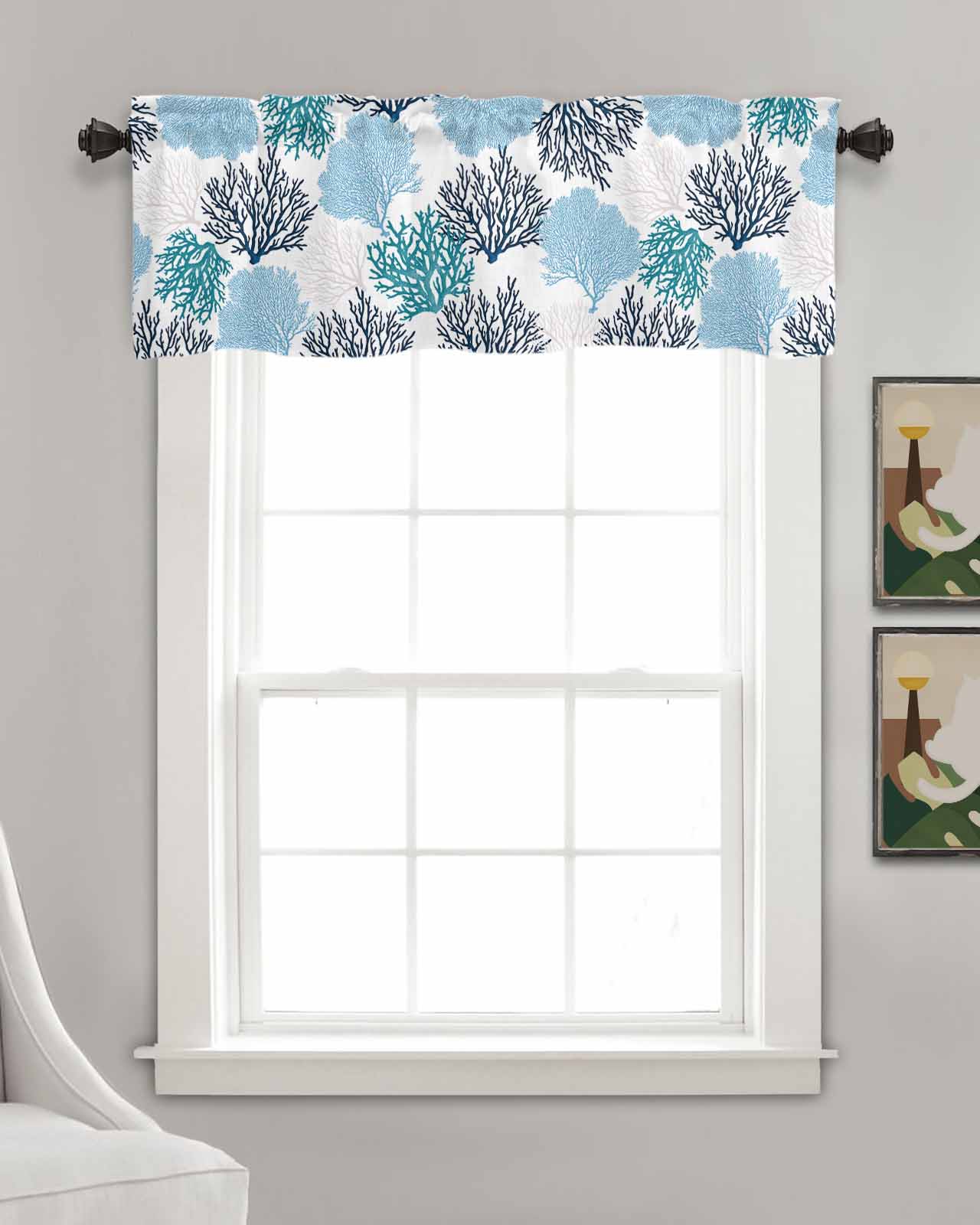 Navy Blue Coastal Kitchen Valances for Windows Farmhouse Linen Window Valance Curtain for Living Room Window Treatment Turquoise Coral Ocean Modern Sea Valance Rod Pocket Topper Drape, 42 x 12 Inch