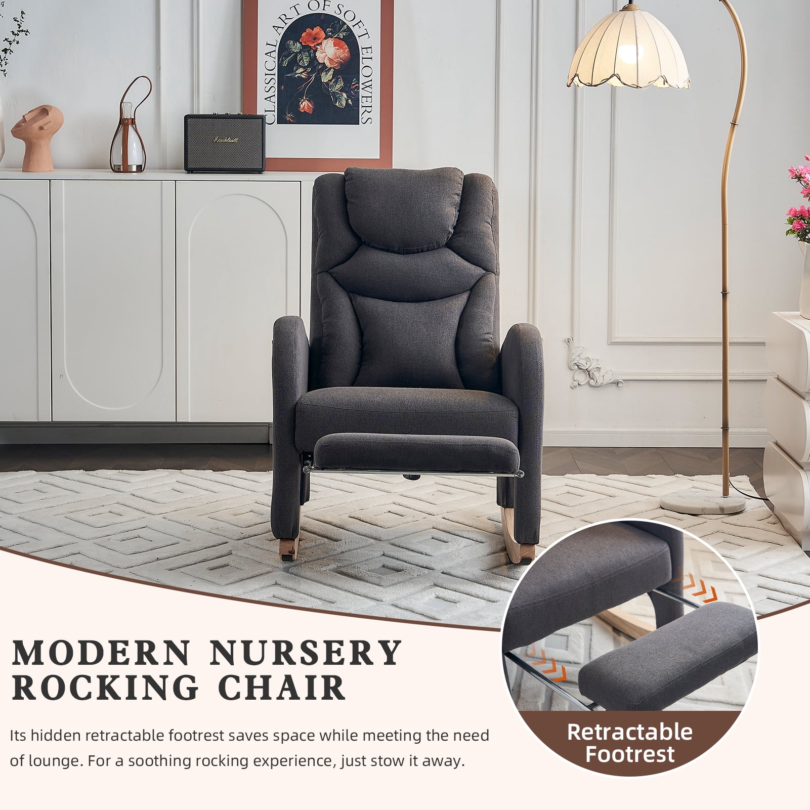 ALAKFORM Rocking Chair Nursery with Foot Rest,Cotton Linen Glider Rocker with Wood Legs, Nursing Rocking Chair Indoor for Living Room/Nursery,Dark Gray