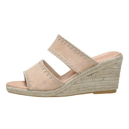 

Jungdeepe Ladies Summer Solid Colour Retro Cloth High Heeled Thick Bottom Large Size Slope Heel Sandal Slippers