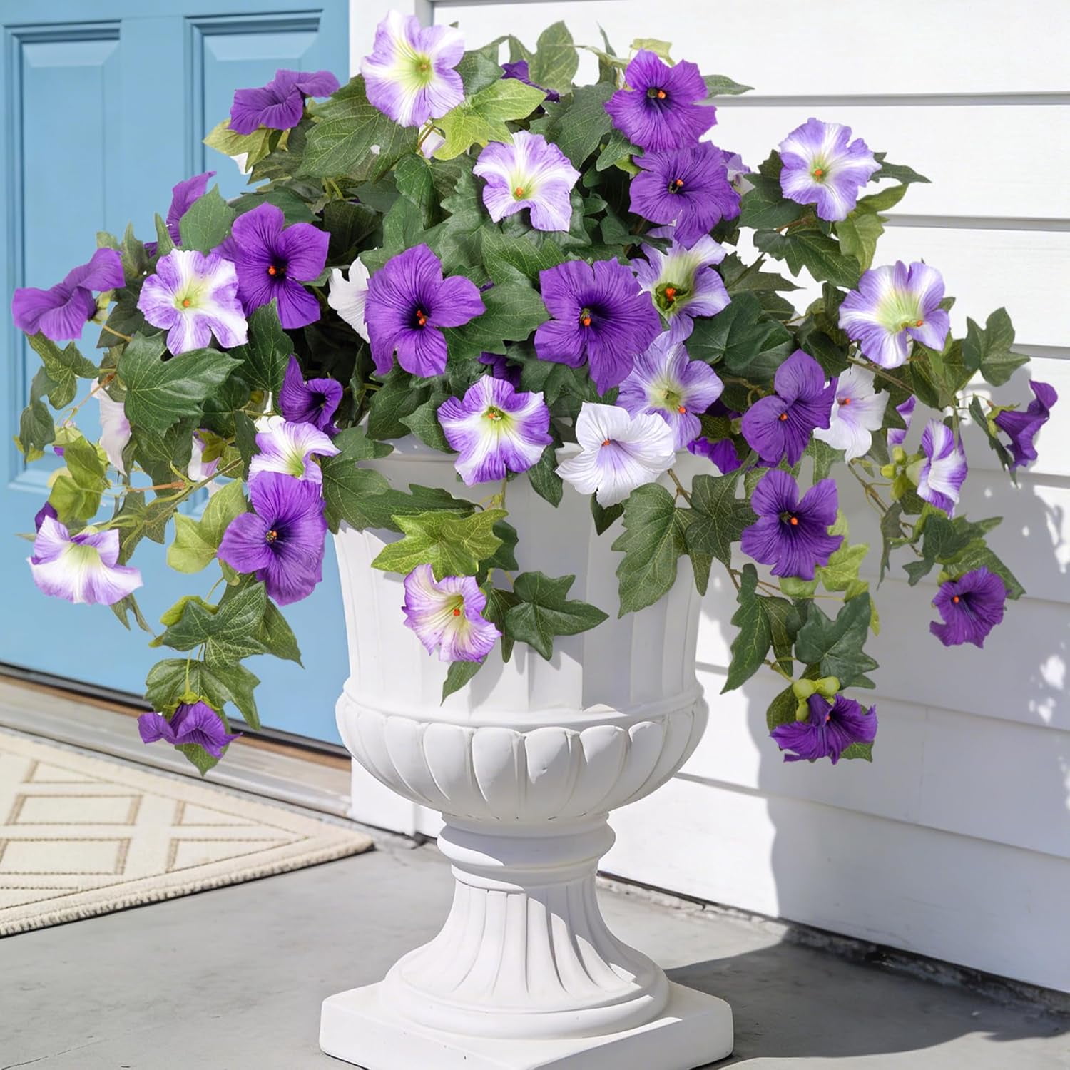 KUNPENG Hanging Basket Window Box Flowers, Mother's Day Garden Decor, Artificial Fake Flowers for Outdoor Decoration, UV Resistant Faux Petunias, Purple White Silk Plants for Porch 3pcs