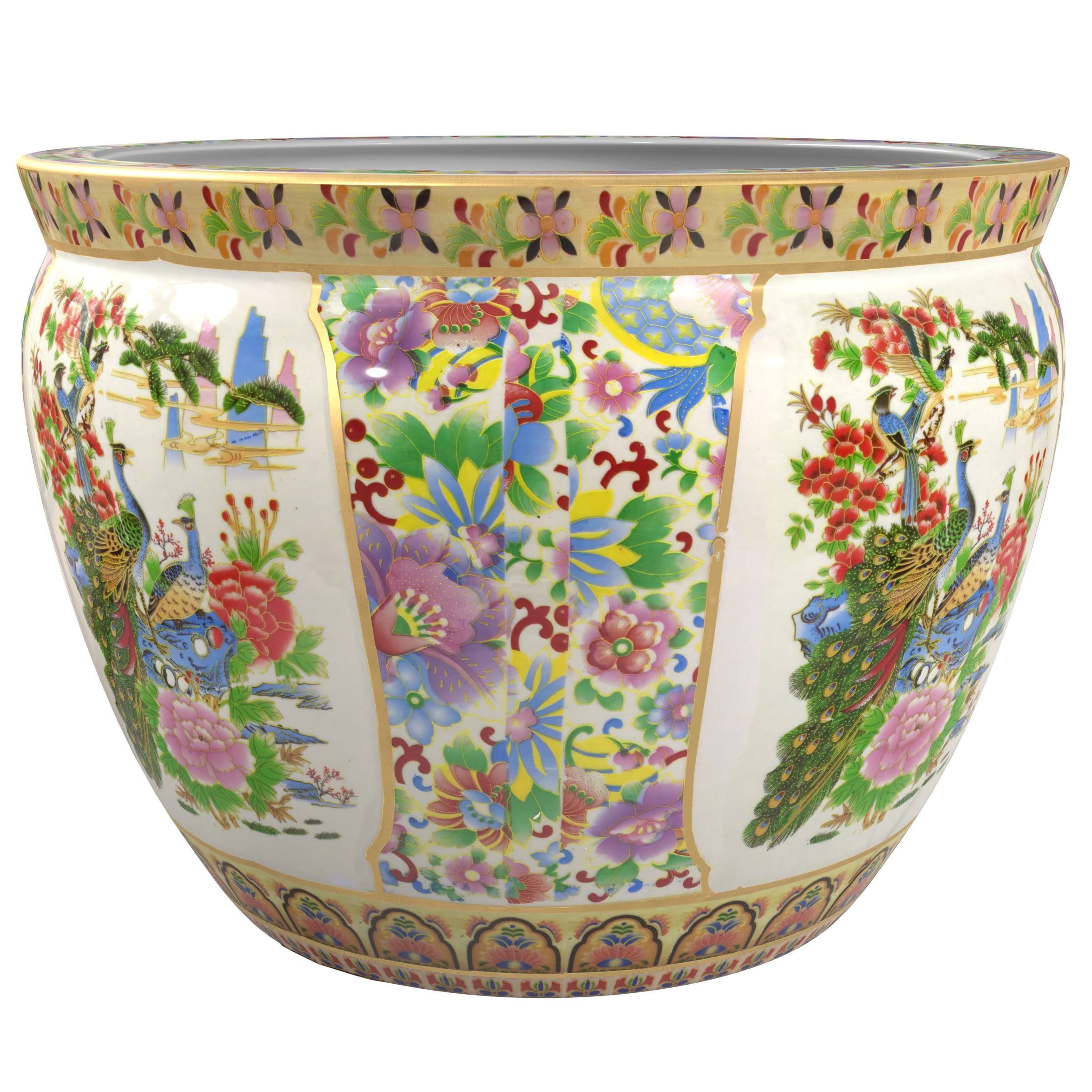 Red Lantern Large 20" Satsuma Birds & Flowers Porcelain Fishbowl Planter