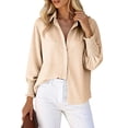 thumbnail image 5 of Women's Striped Button Up Shirts with Smocked Long Sleeve Lapel Collar Loose Fit Dressy Casual Trendy Blouses (L, Khaki), 5 of 6