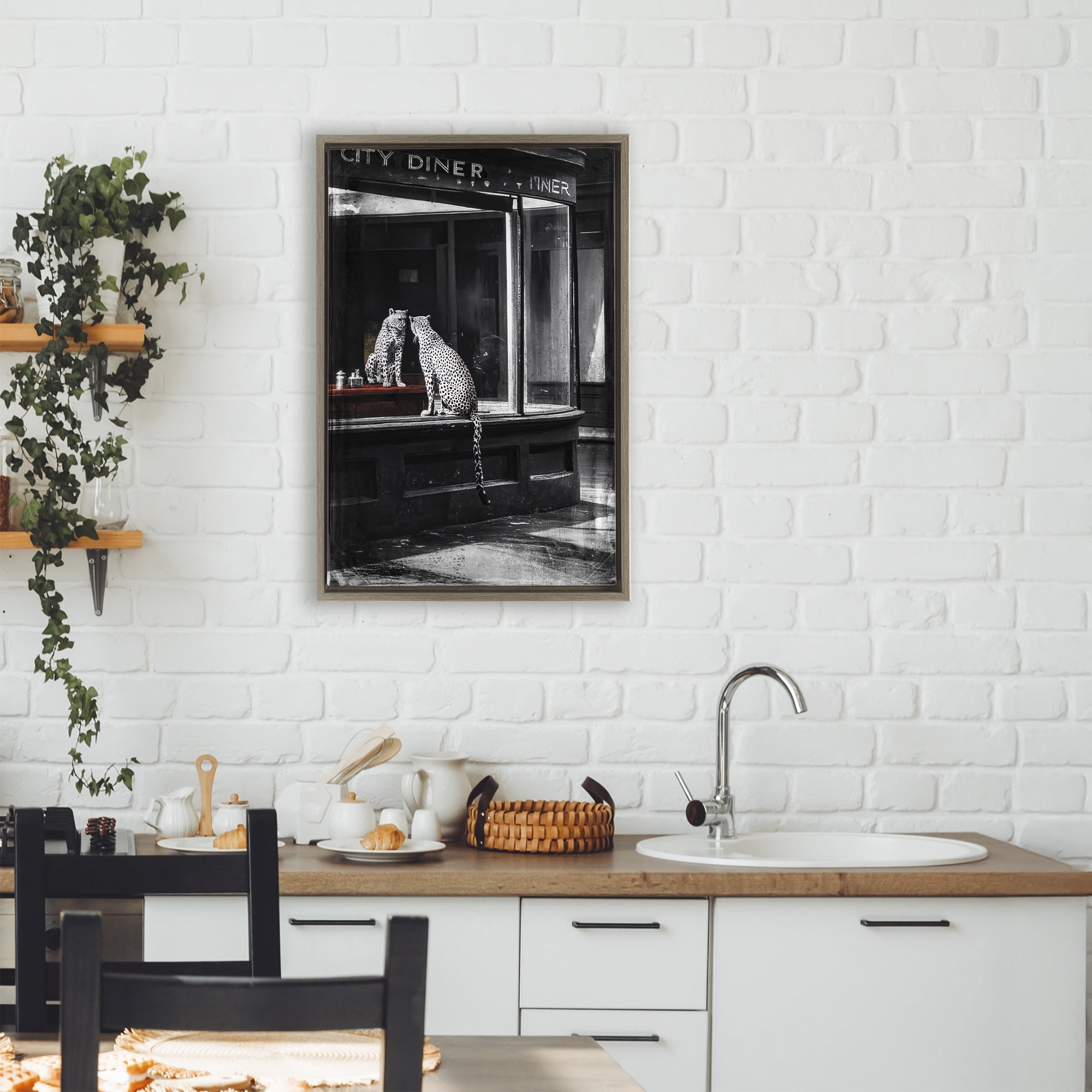 Stupell Industries Diner Noir Leopard Reflection Brown Framed Floater Canvas Wall Art, design by Annabelle Hall