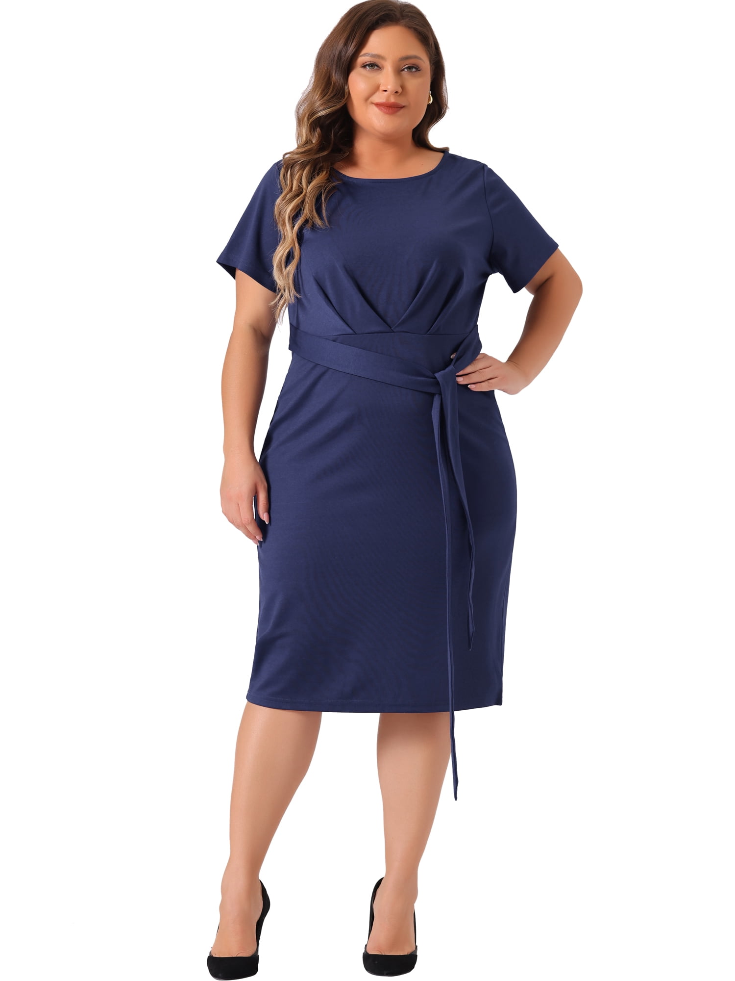 DARING DIVA Plus Size Round Neck Short Sleeve Belted Knot Tie Dress 3X Navy Blue