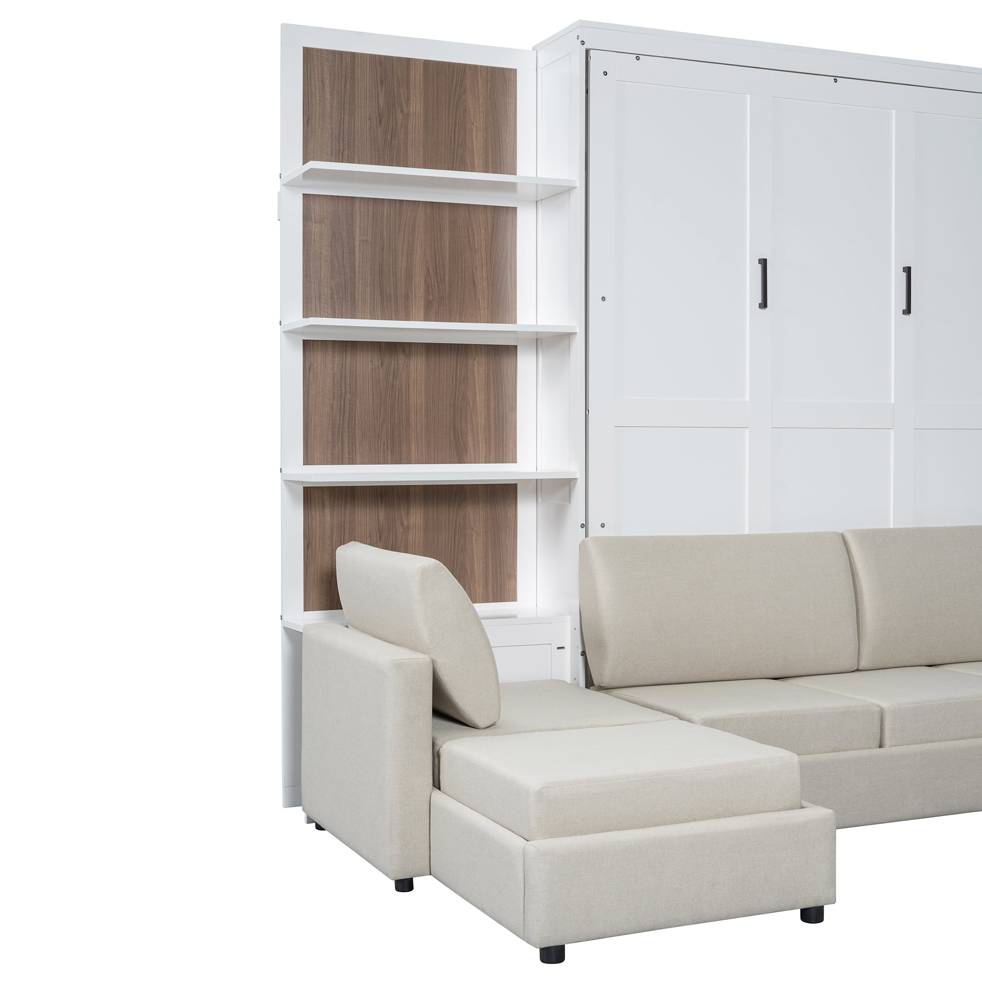 Harper & Bright Designs Queen Size Murphy Bed, Wooden Queen Murphy Bed Frame with Shelves, Wall Bed with L-Shape Sofa, White