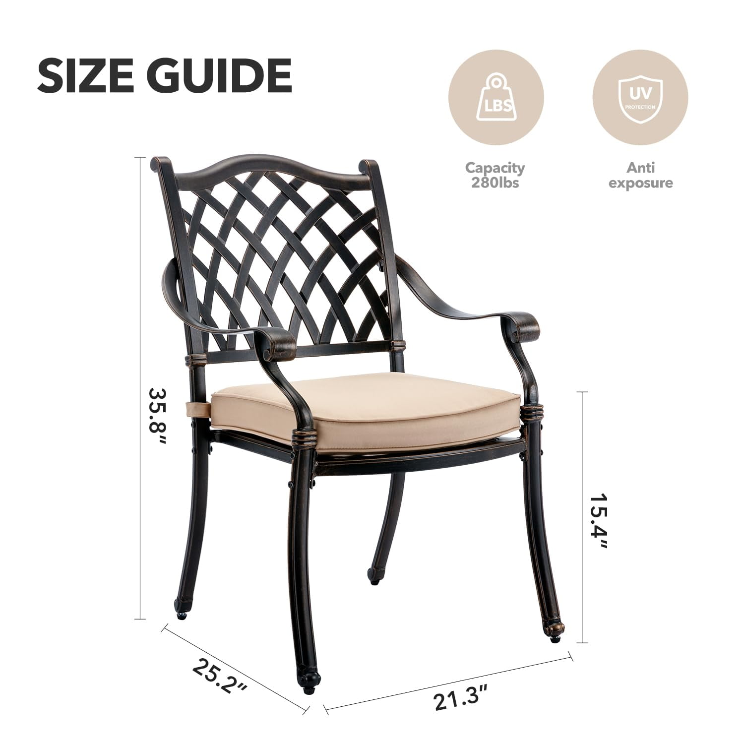 Lattice Outdoor Cast Aluminum Patio Dining 2 Chairs, Weather Resistant with Thicker Cushions for Patio, Deck, Garden