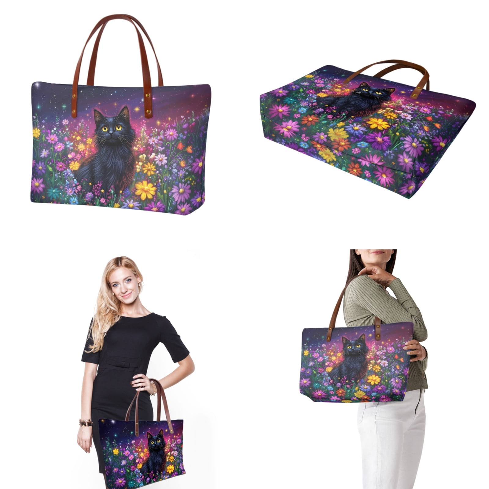 ZUXONGSY Cat Daisy Flower Star Sky Print Handbag with Matching Wallet for Women Practicality Work Bag Satchel Handbags Top Handle Satchel Waterproof Card Holder for Business Tours