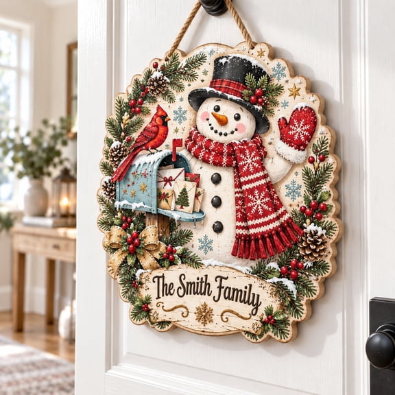 Wreath Sign Christmas Snowman Wooden Front Door Decor for Winter