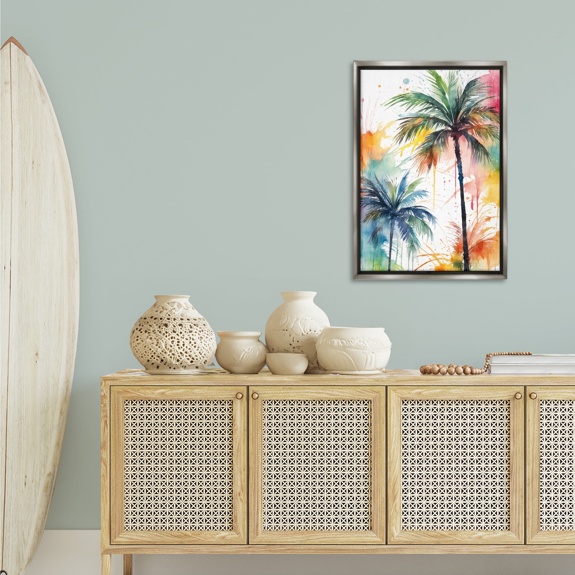Stupell Industries Splashed Palm Trees Botanical & Floral Painting Gray Floater Framed Canvas Art Print Wall Art, 21 x 31