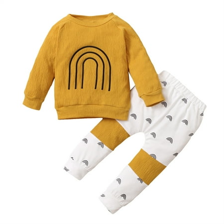 

GRNSHTS Toddler Baby Boy Girl Clothes Set Rainbow Print Long Sleeve Romper Tops Pants Fall Winter Outfits 18-24 Months