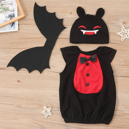 

TMOYZQ Halloween Clothing! Halloween Infant Toddler Little Devil Modeling Jumpsuit Bowknot Buttons Romper Three Pieces Bodysuit Outfits Set Newborn Baby Boy Girl Clothes with Ear Hat and Wings