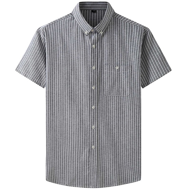 Mens Manga Corta Botón Abajo Camisas Negocios Turndown Cuello Raya Camisa de Bolsillo, Blusa de Manga Corta