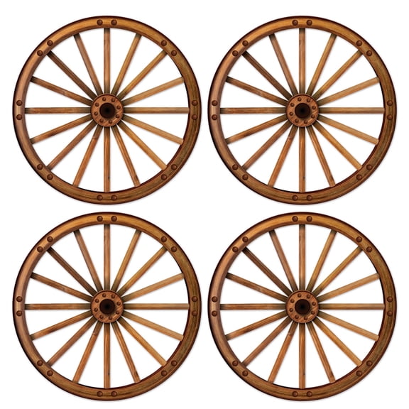 Beistle Wagon Wheel Cutouts, 4-Pack Rustic Western Party Decorations, Large Cowboy Ranch Theme Props for Barnyard Events Saloon Backdrops and Pioneer Celebrations, 18.5”