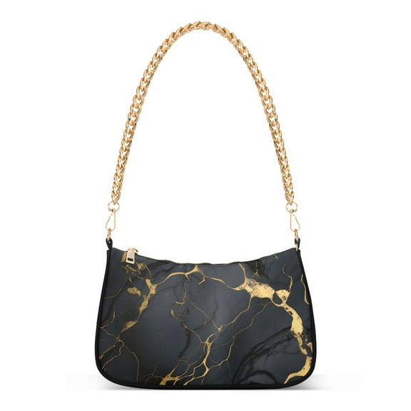 Womens Chain Shoulder Bag Black and Golden Marble Classic Tote Handbags Fashion Clutch Hobo Purse with Zipper for Travel Casual