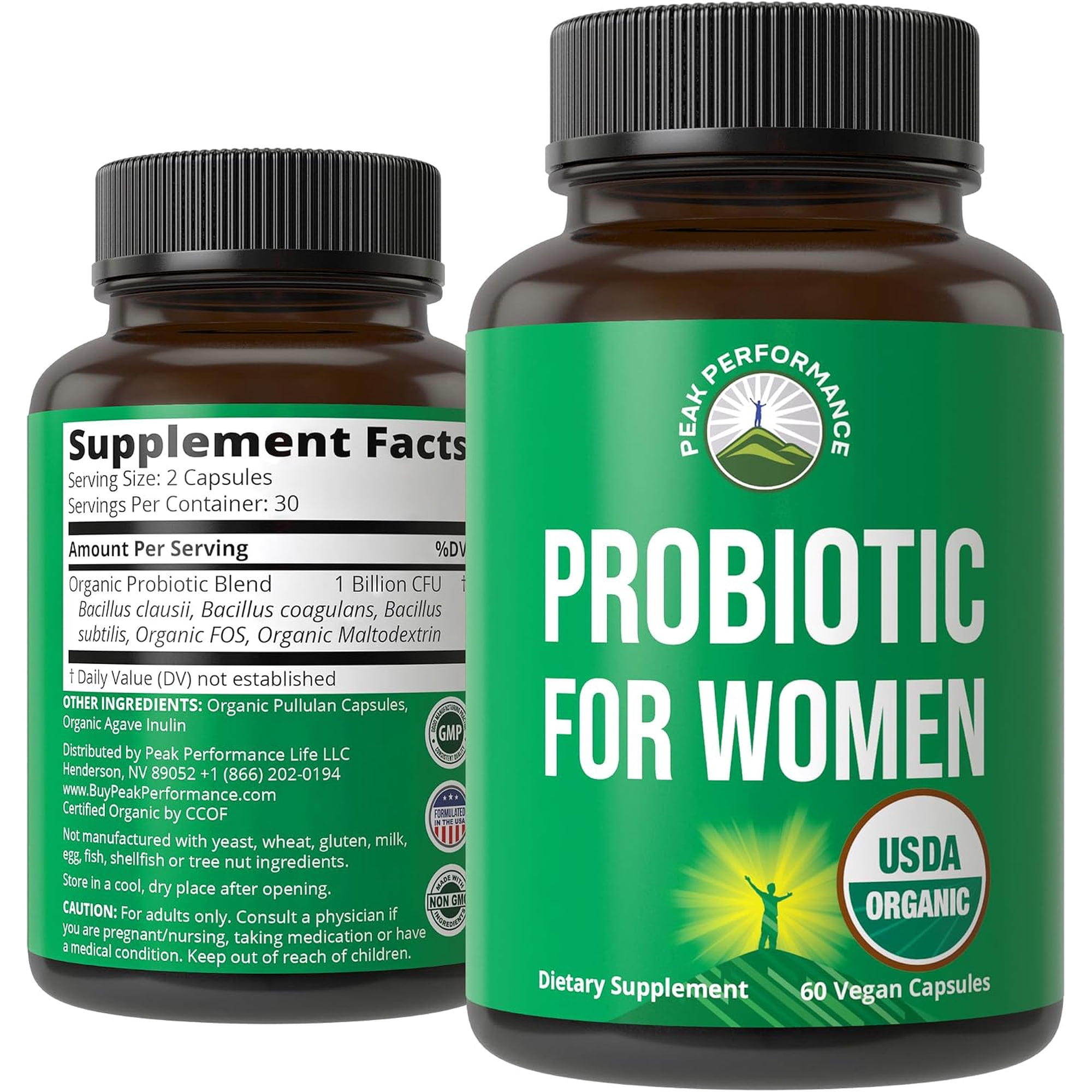 Peak Performance USDA Organic Women's Probiotic Capsules - 4-in-1 Gut & Bloating Relief - 60 Count (30 Day Supply)