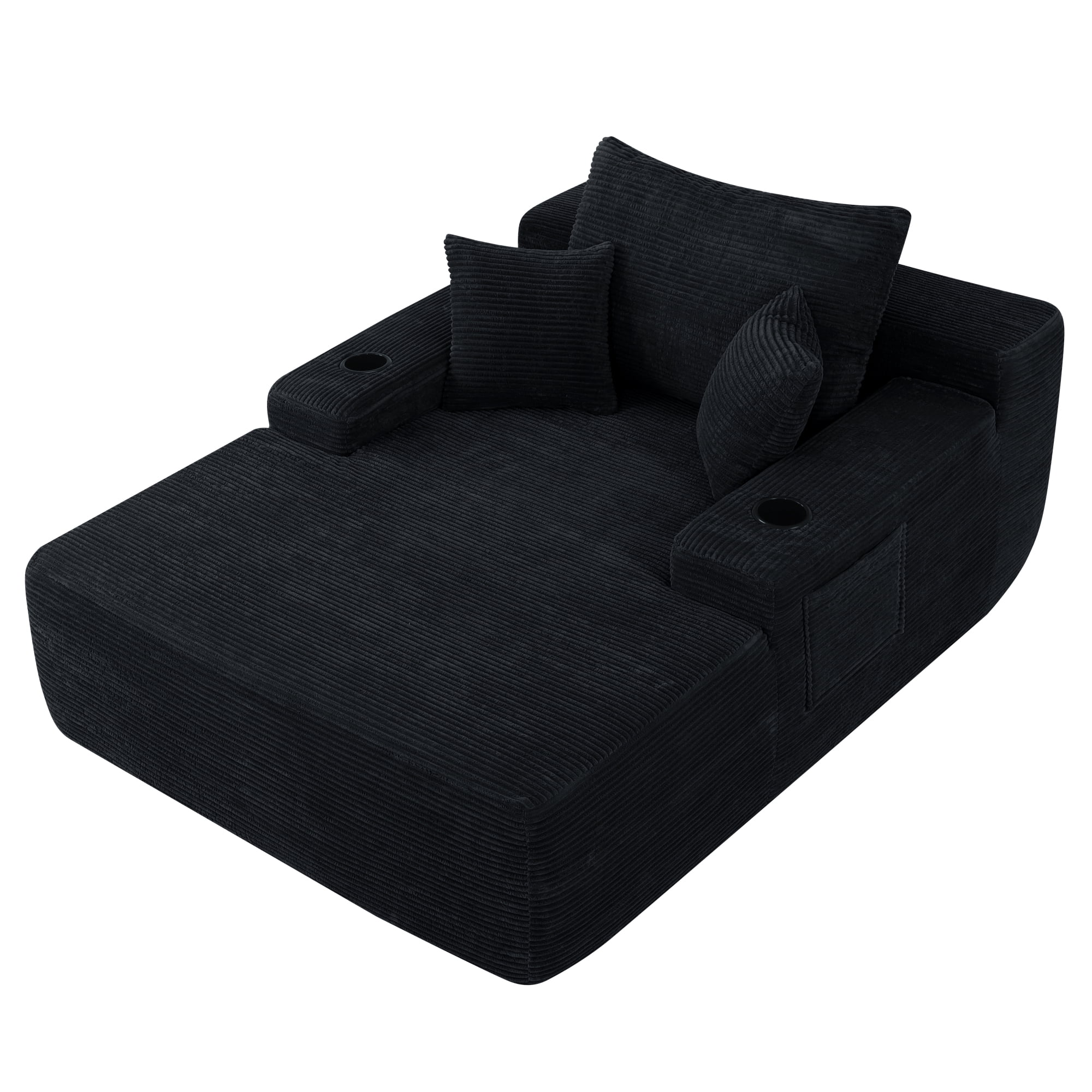 Leumius Oversized Chaise Lounge Chair Indoor,Upholstered Corduroy Cloud Couch Boneless Sofa Bed with Wide Armrest & Throw Pillows,Cup Holder for Living Room,Bedroom,No Assembly Required,Black