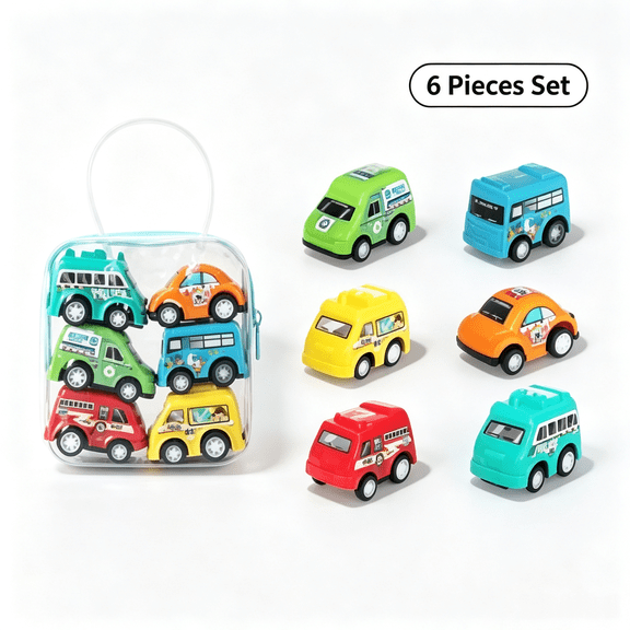 Pull Back Car Toy Set, 6 Pack Mini City Vehicle Toys for Toddlers, ABS Small Play Cars, Kids Pretend Play Toy Gift, 4.33 × 3.94 Inch Storage Bag Included