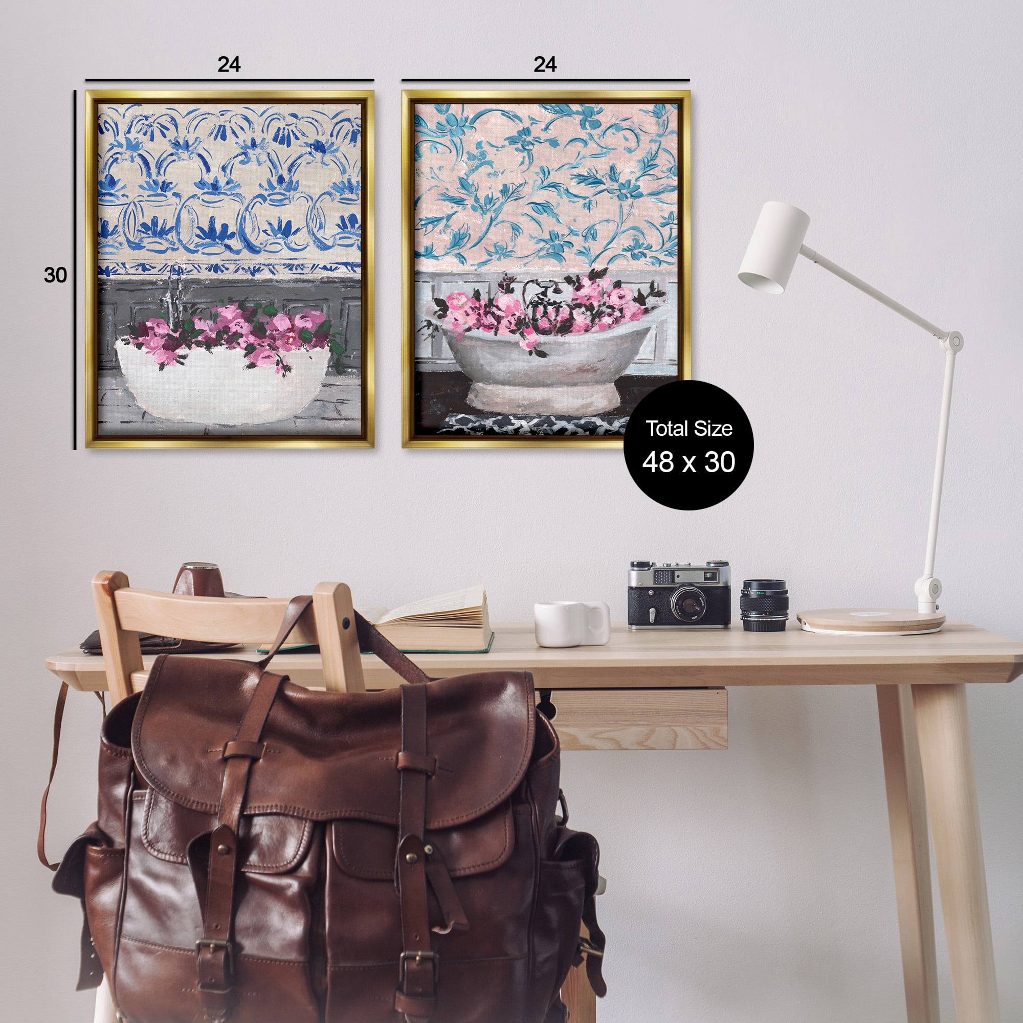 Stupell Industries Flowers In Bath Tub Interior Design Botanical & Floral Painting Gold Floater Framed Canvas Art Print Wall Art, 25 x 31, Set of 2