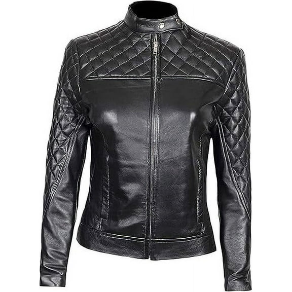 New Womens Genuine Black Quilted Lambskin Leather Jacket Biker Stylish Motorcycle Soft Jacket W522
