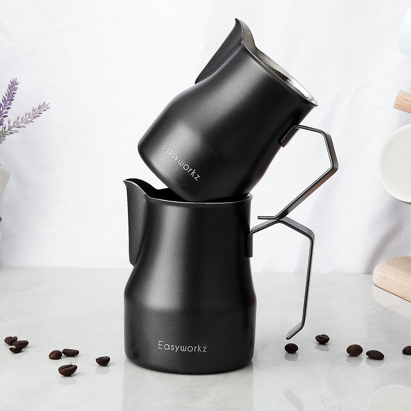Easyworkz Espresso Steaming Pitcher Stainless Steel 12 oz Coffee Frothing Picther Milk Jug Cappuccino Latte Art Cup, Black