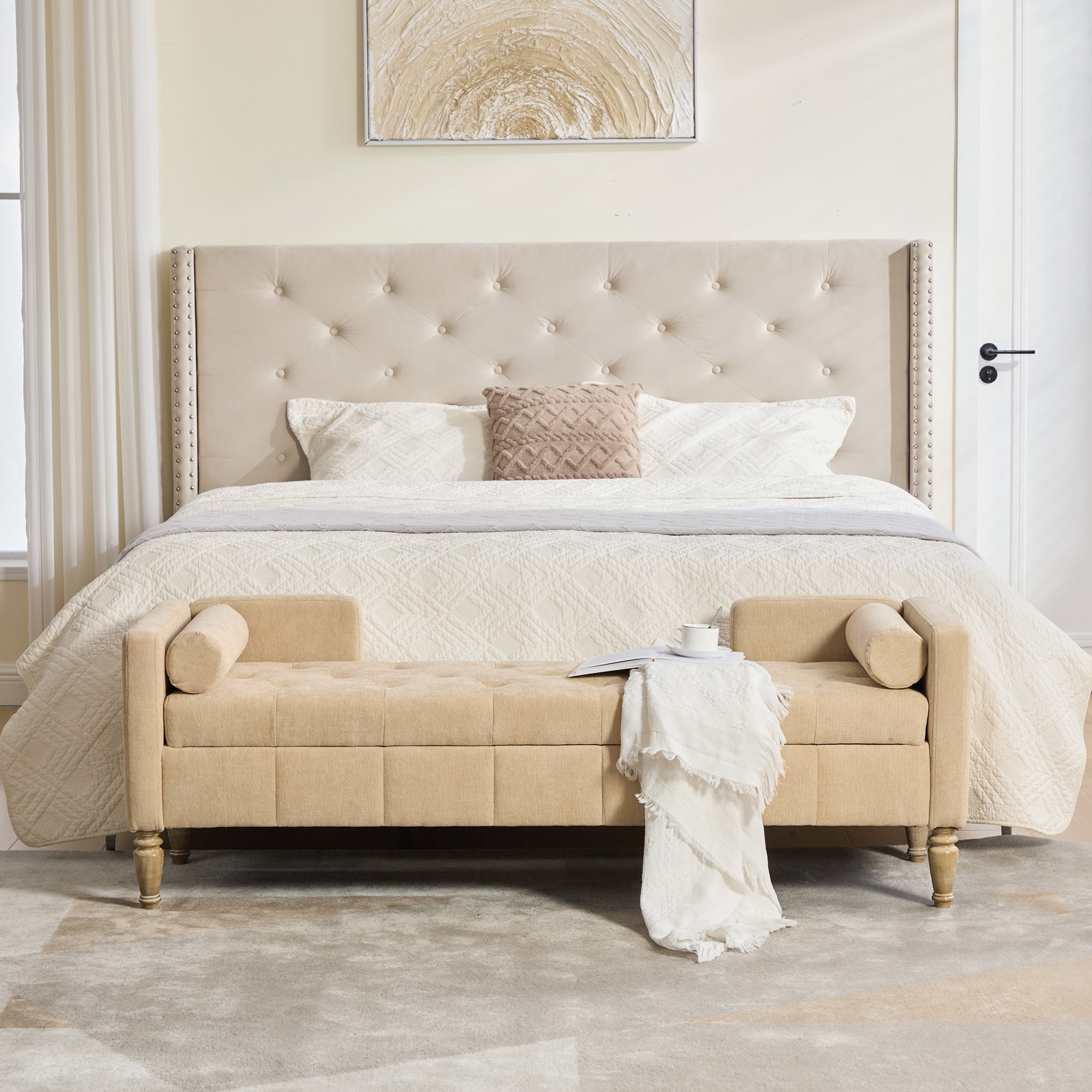 64.6"W Upholstered Chenille Flip-top Storage End of Bed Bench, Tufted Accent Footrest with Armrests&Backrest&2 Bolsters Whitewashed Rubberwood Legs for Living Room, Hallway, Entryway Bedroom