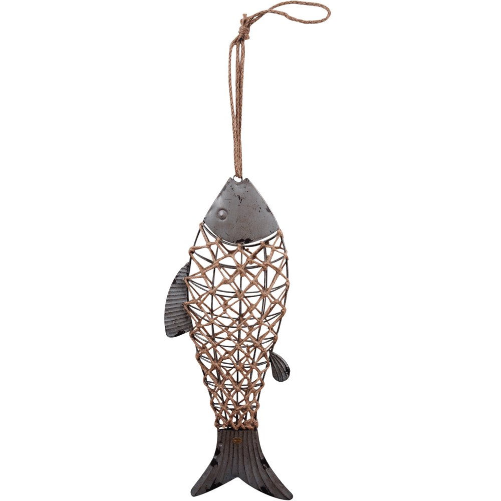 Hanging Fish Shaped Metal and Jute Coastal Wall Decor