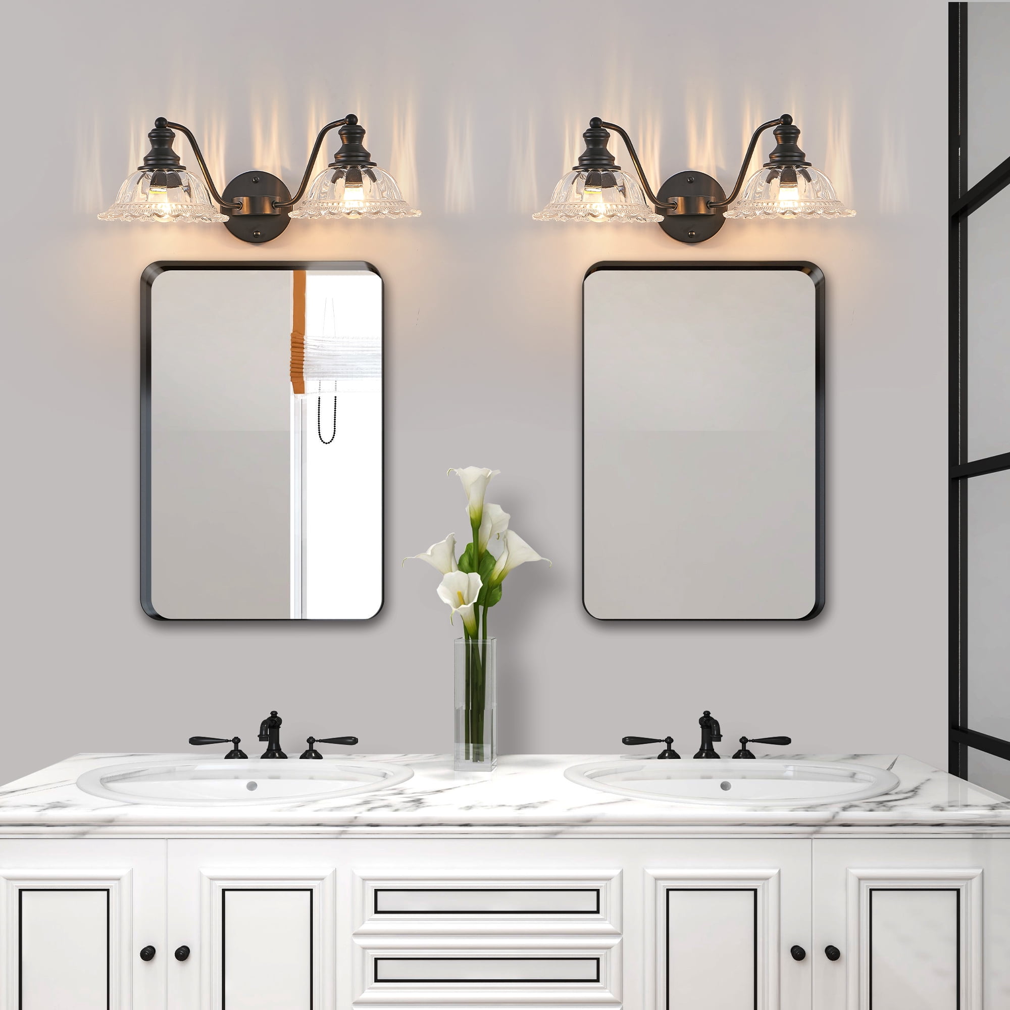 2-Light Bathroom Black Vanity Light Fixtures, Farmhouse Vanity Lights for Bathroom with Flower Glass Shade Wall Lights 20in