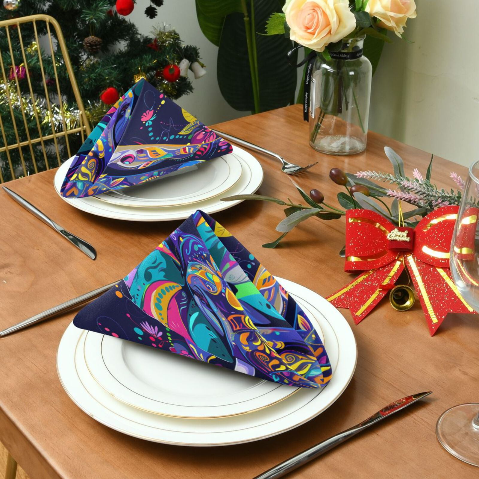 JSTEL Rainbow Elephant Flower Boho Cloth Napkins Set of 6, 20x20 Inch Washable and Reusable Napkin for Decoupage Dinner Party Everyday Use