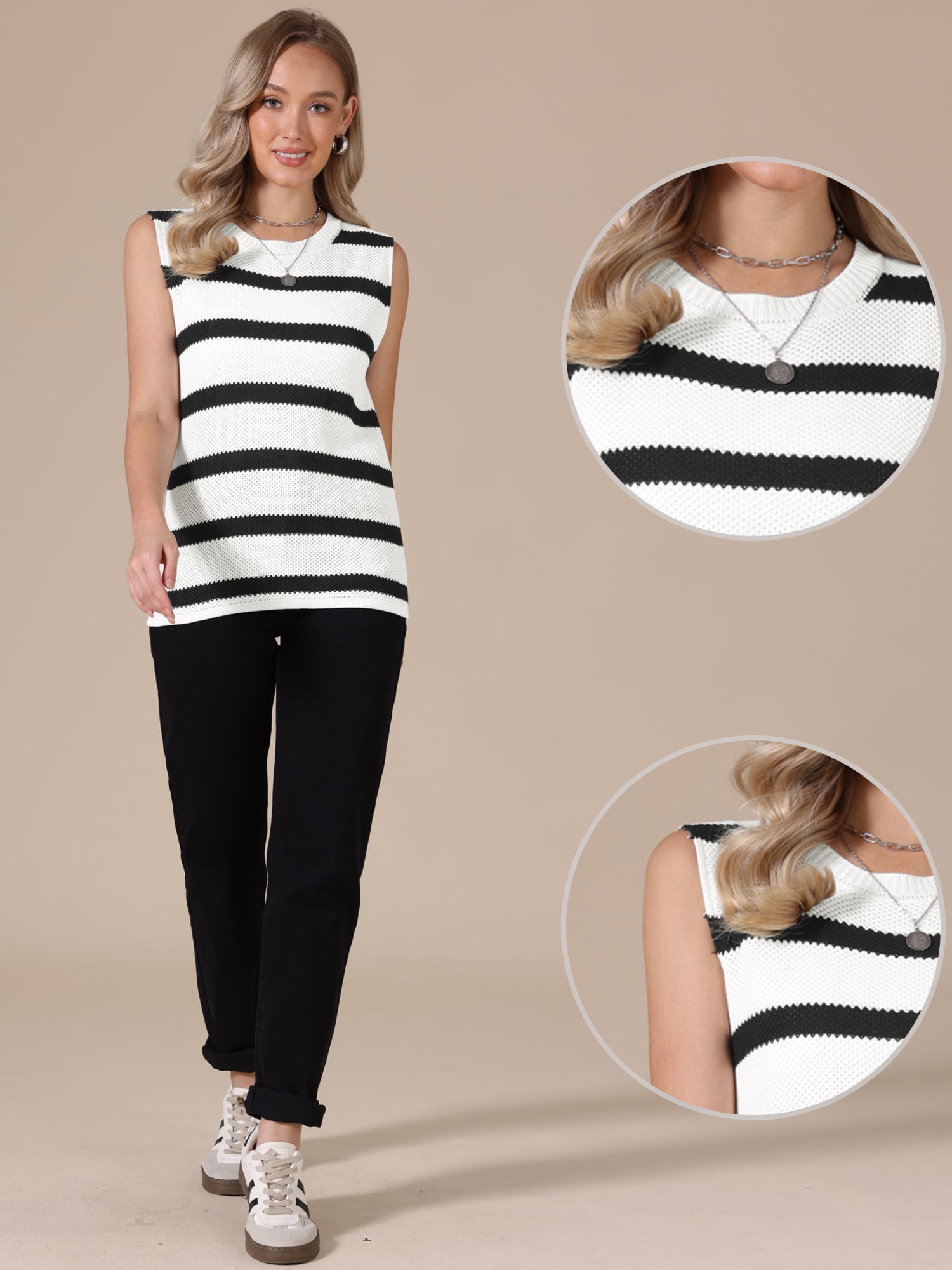 DARING DIVA Women's Crochet Tank Top Stripe Sleeveless Hollow Out Vest M Black White