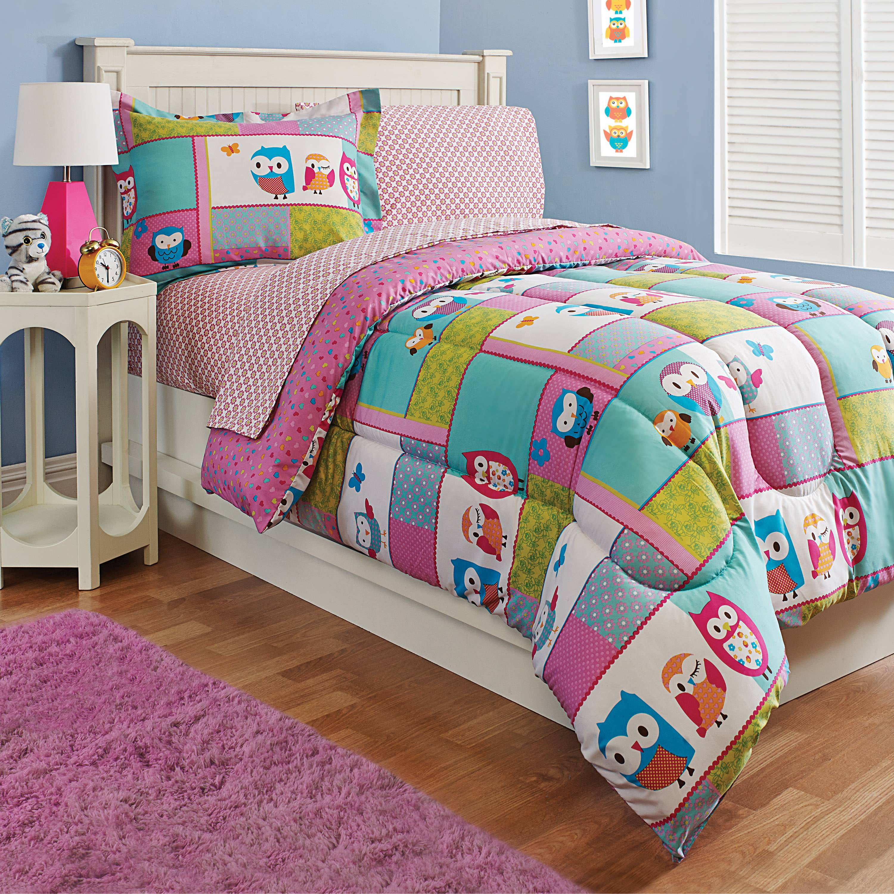 Twin Better Home Style Multicolor Patchwork Pink Green Blue Owls Birds Floral Hearts Butterflies Fun Design 5 Piece Comforter Bedding Set for Girls/Kids Bed in a Bag with Sheet Set # Patchwork Owl