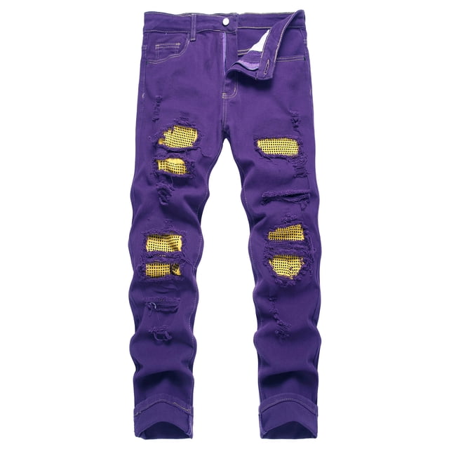 Jeans Mickason para hombre, vaqueros elásticos, entallados, rotos, morado/amarillo