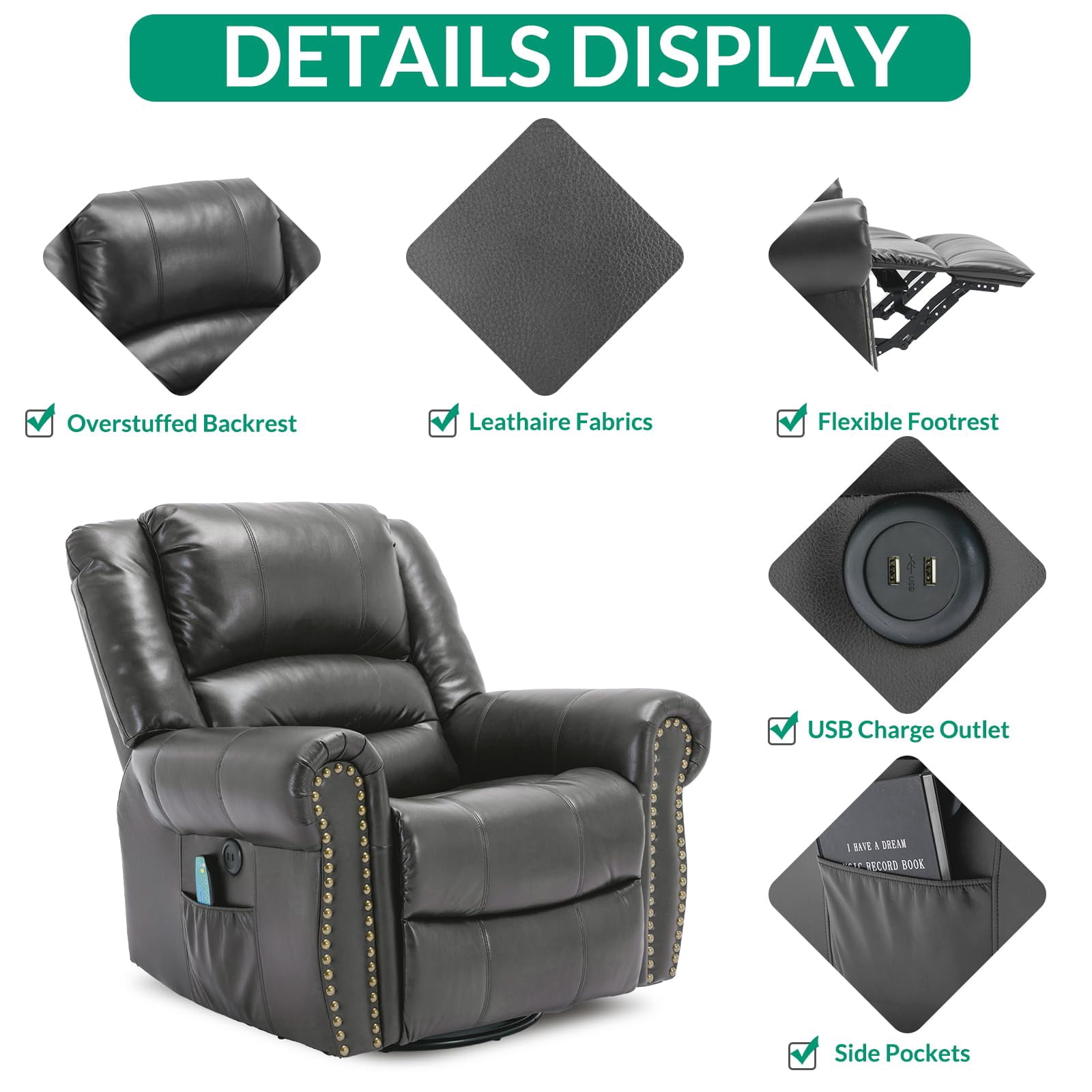 VIVIJASON Massage Swivel Rocker Recliner Chair with Heat & Vibration, 360° Swivel Manual Glider Rocking Reclining Chair with 2 Remote Controls, Side Pockets & USB Ports for Living Room, Gray