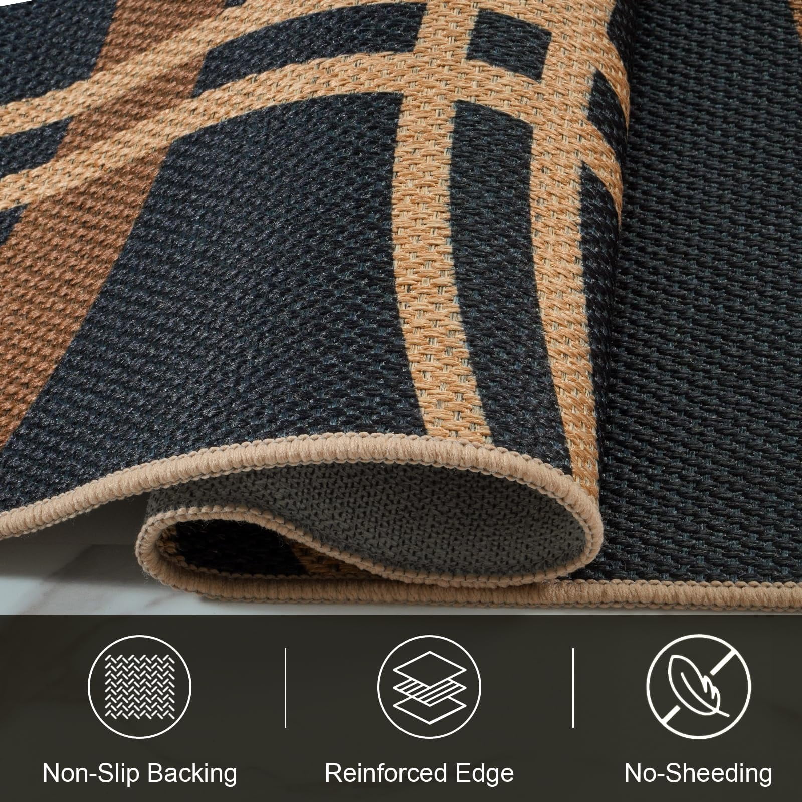 SUNDEREY 2'6"x8' Geometri Kitchen Rug,Runner Rugs 2.6x8ft Hallway Easy Jute Rug,Non Slip Washable Circular Pattern Rug,Soft Non-Slip Khaki Indoor Carpet for Entryway Laundry Bedroom,Black