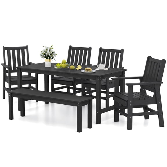 Gymax 6PCS Patio Dining Bench Set Outdoor HDPE Weather Resistant Table & Chairs Set Black