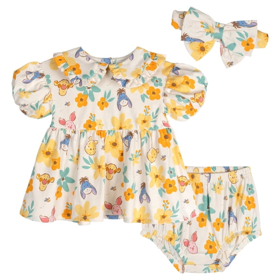 Disney Winnie the Pooh Baby Girls' Dress, Bloomers and Headband Set Ivory Cream