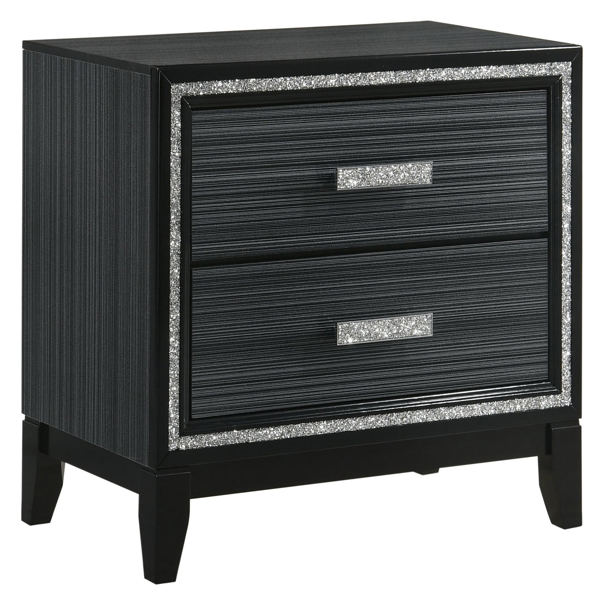 2-Drawer Nightstand, Weathered Black Finish, Modern Glam Style Bedside Table with Safety Stop Drawers, Sturdy Storage for Bedroom