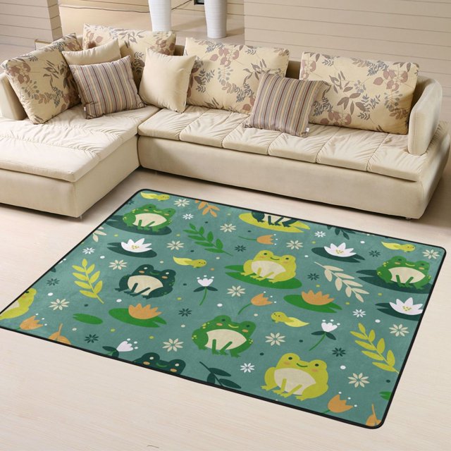 DouZhe Happy Frogs Flowers Green Pattern Area Rugs Non-Slip Machine Washable Floor Mat, Style Carpet Doormat, 63x48 inches
