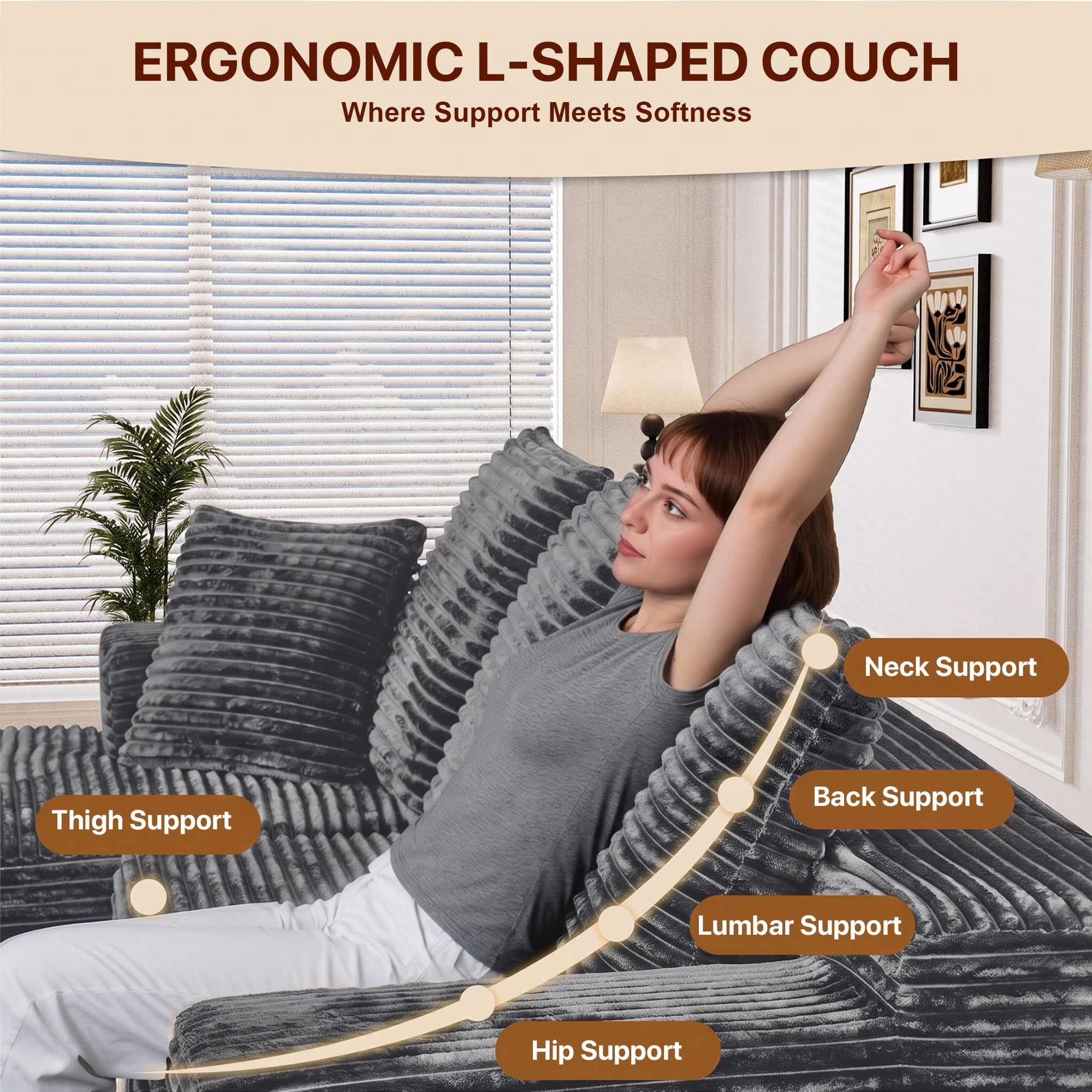 Aukfa 108" Cloud Sectional Sofa Deep Seat Boneless Couch Modular L-Shaped Couch, Rihgt Chaise Corduroy Sofa for Living Room, Gray