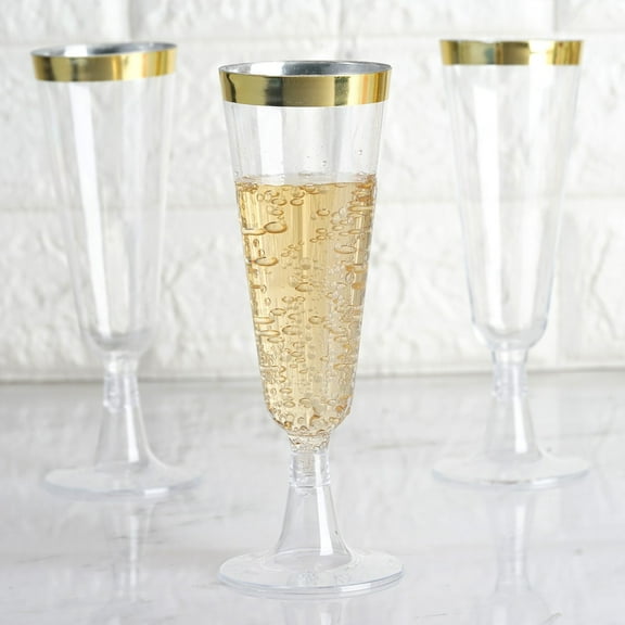 Efavormart Set of 12 - 5oz Plastic Champagne Flutes Disposable - Gold Rimmed Design - Detachable Base for Weddings, Birthdays, Parties, Receptions, Banquets, Baby Showers, Drinkware, Events