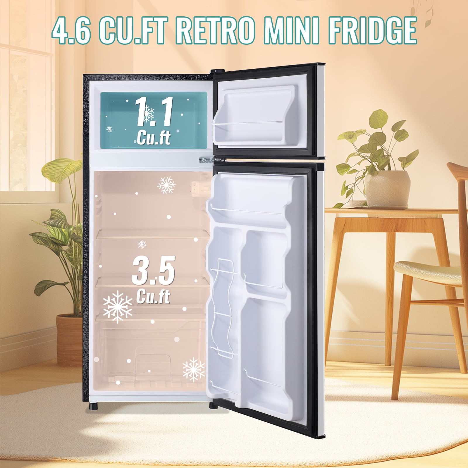 TACOOL Small Refrigerator with Top Freezer 4.6Cu.ft Two Door Mini Fridge with LED Light Extra Drink Space for Apartment Silver
