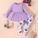 thumbnail image 3 of Gibobby Conjunto de ropa para bebé y niño Niñas Pequeñas Invierno Manga Larga Color Sólido Volantes Estampados De Flores Tops Pantalones 2pcs Trajes Conjuntos Ropa(Morado, 12-18 Meses), 3 of 4