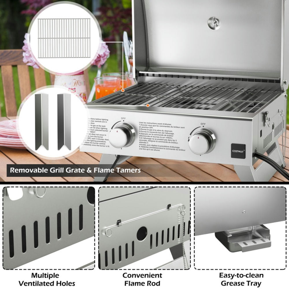 Spaco Stainless Steel Propane Grill with Lid for Outdoor Camping Tailgating Picnic Party-Silver, Camp Stove for Outdoor Cooking