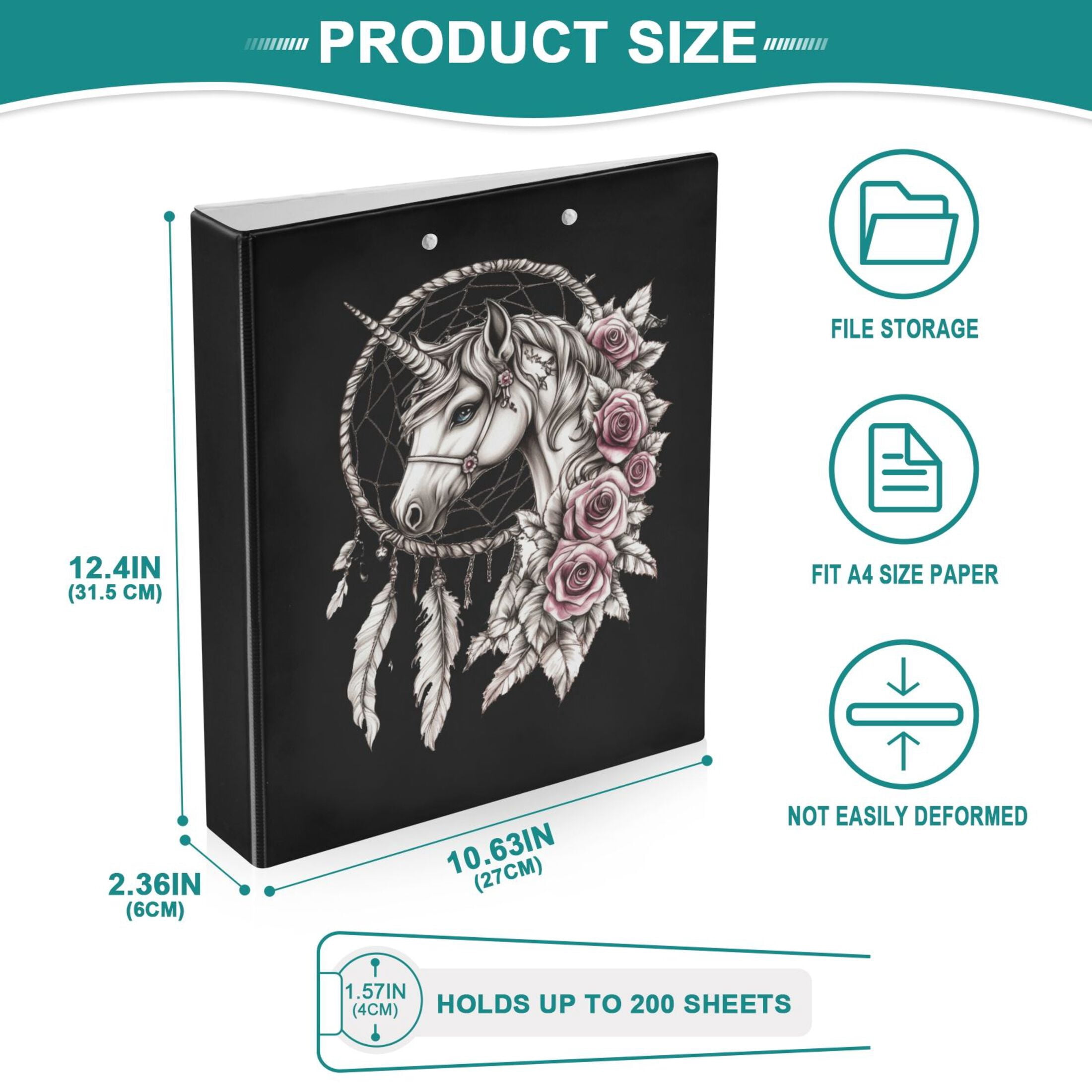 joogoo Boho Unicorn Hardcover 3 Ring Binder 1.5" Round Rings Interior Pockets Binders Organizer 1 Pack