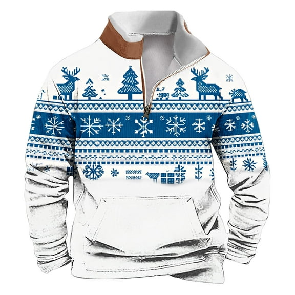 successthop Mens Christmas Sweatshirts Funny Quarter Zip Long Sleeve Tops Pullover Sweaters with Pocket Streetwear Blue