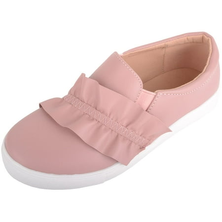 

Childrens Kids Girls Slip On Twin Gusset Casual Lesiure Trainers Sneakers Pumps with Frill Design - Dusty Pink - US Child 1