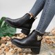 thumbnail image 2 of Botines de mujer Botas de tobillo de tacón grueso con cremallera decorativa y hebilla de cinturón de de imitación de cuero con bloques de colores de estilo británico a la moda para mujer (Black 8.5), 2 of 7
