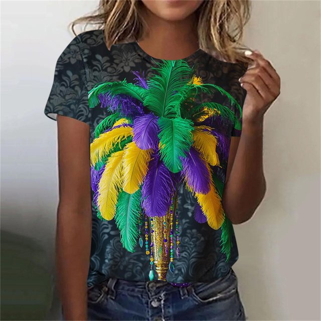 Ounisa 2025 Womens Short Sleeve Tops Mardi Gras Costumes Fashion Round Neck Color Printed Blouse
