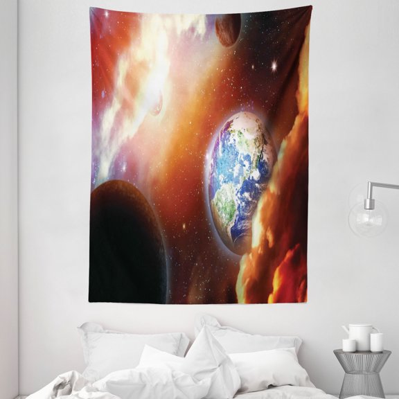 Space Tapestry, Dust Cloud Nebula Stars in Solar System Scene with Planet Earth Pluto and Neptune, Wall Hanging for Bedroom Living Room Dorm Decor, 60W X 80L Inches, Orange Blue, by Ambesonne