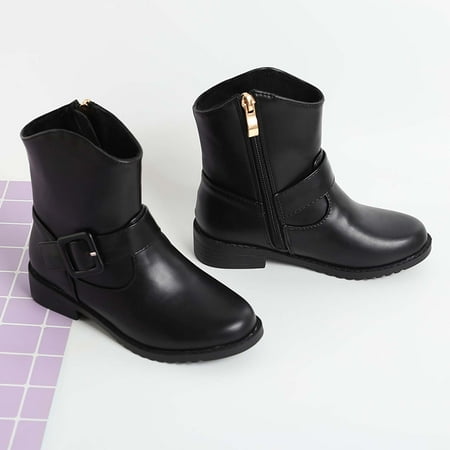 

Cathalem Riding Shoes for Kids Girls Buckle Decor Side Zipper Western Boots Kids Ankle Boots Girls Low Heel Riding Booties With Shoes Black 5 Years