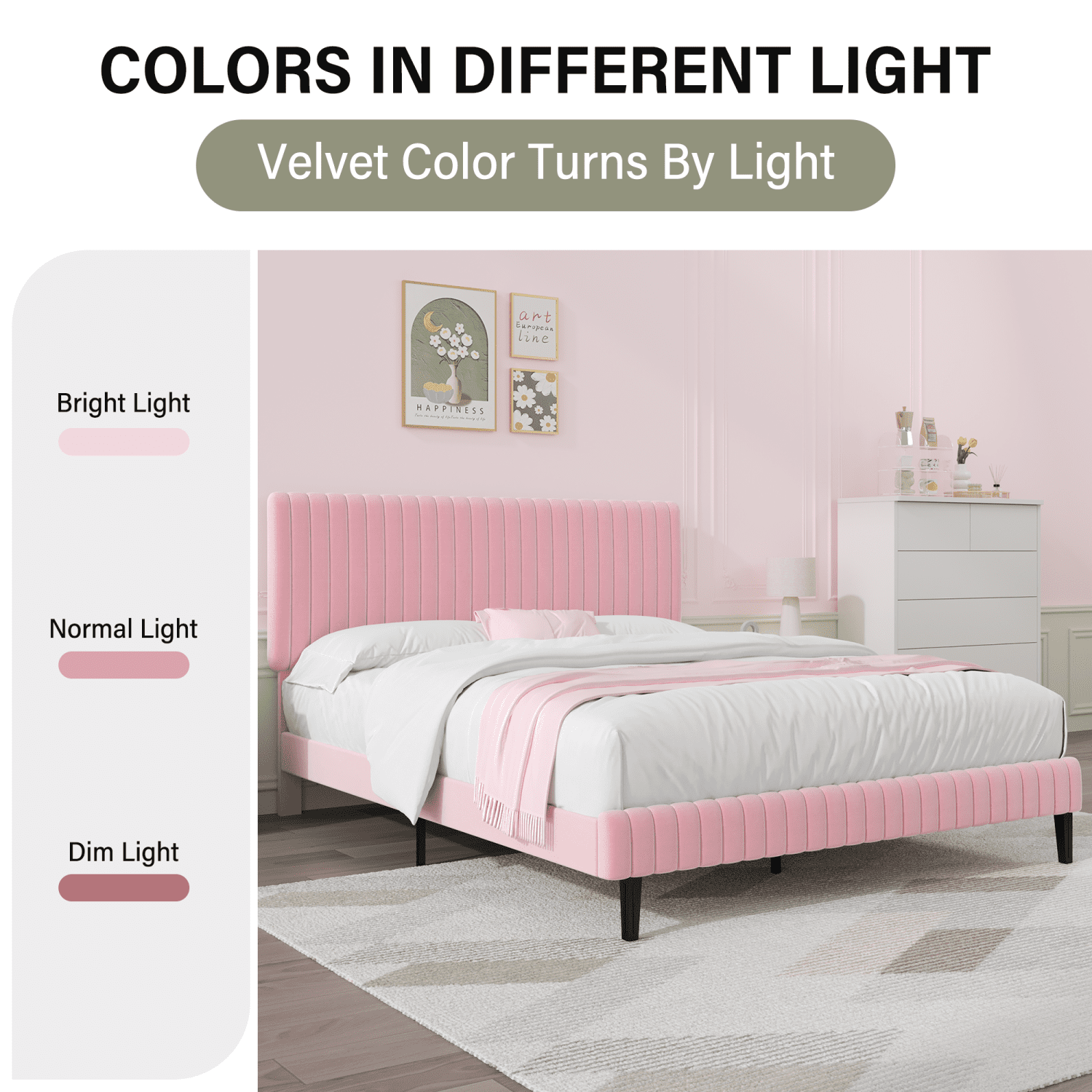 4 EVER WINNER Queen Size Bed Frame, Queen Size Upholstered Platform Bed Frame with Vertical Channel Tufted Headboard, Pink Queen Bed Frame, Pink